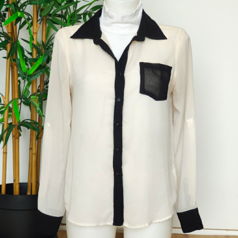 Chic Sheer Black and White Button-Up Blouse